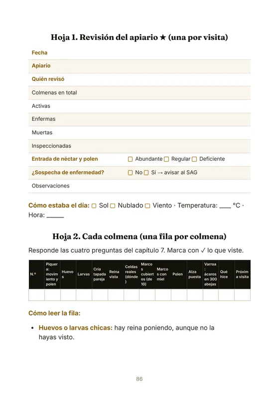 Hoja de revisión del apiario para imprimir y llenar con lápiz