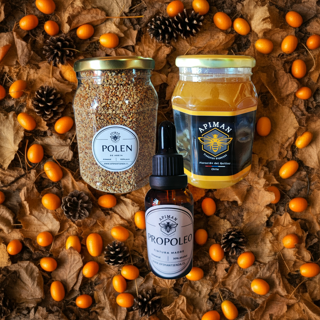 Pack completo · polen 500 g + 3 propóleo + miel 1 kg