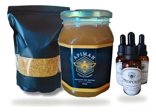 Trío completo · polen 1 kg + miel cruda 1 kg + 3 propóleo