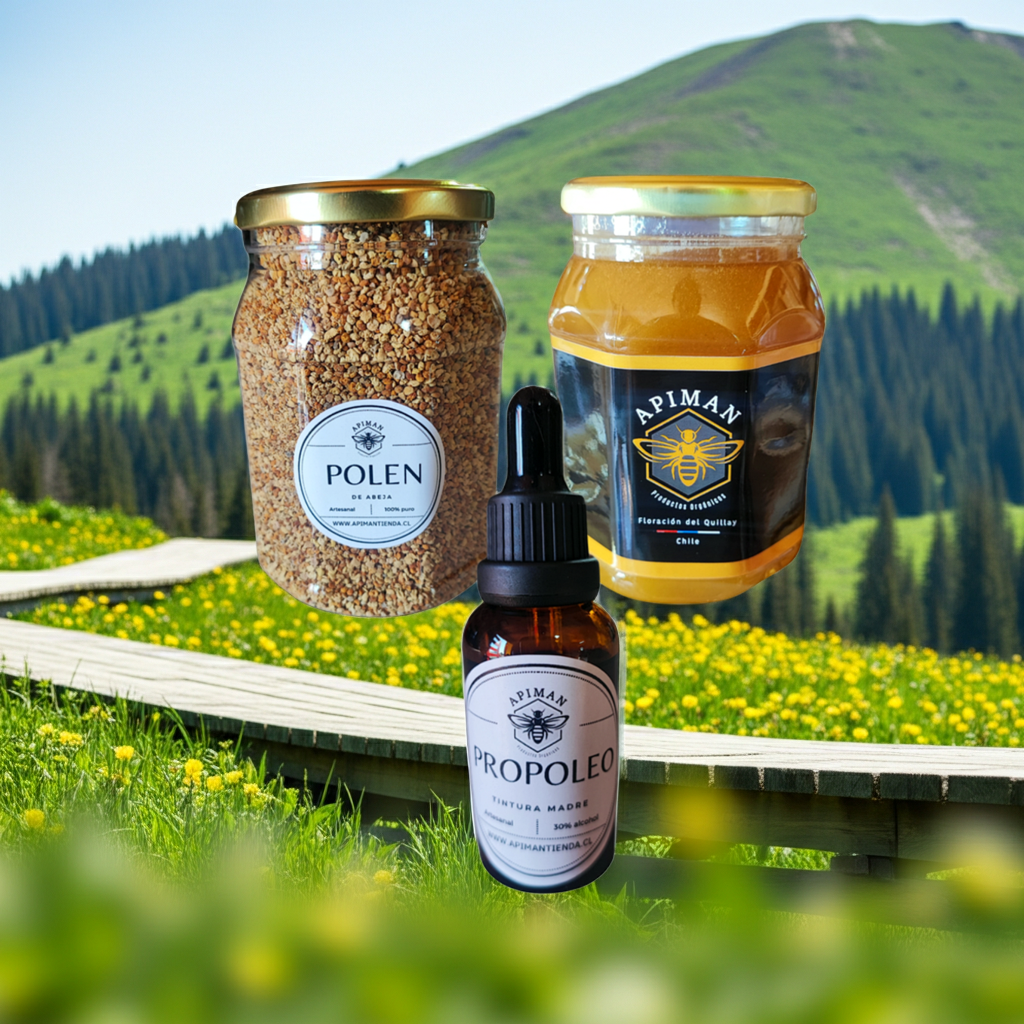 Pack completo · polen 500 g + 3 propóleo + miel 1 kg