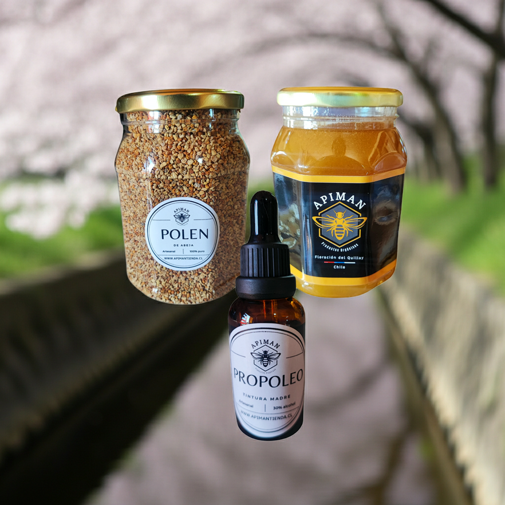 Pack completo · polen 500 g + 3 propóleo + miel 1 kg