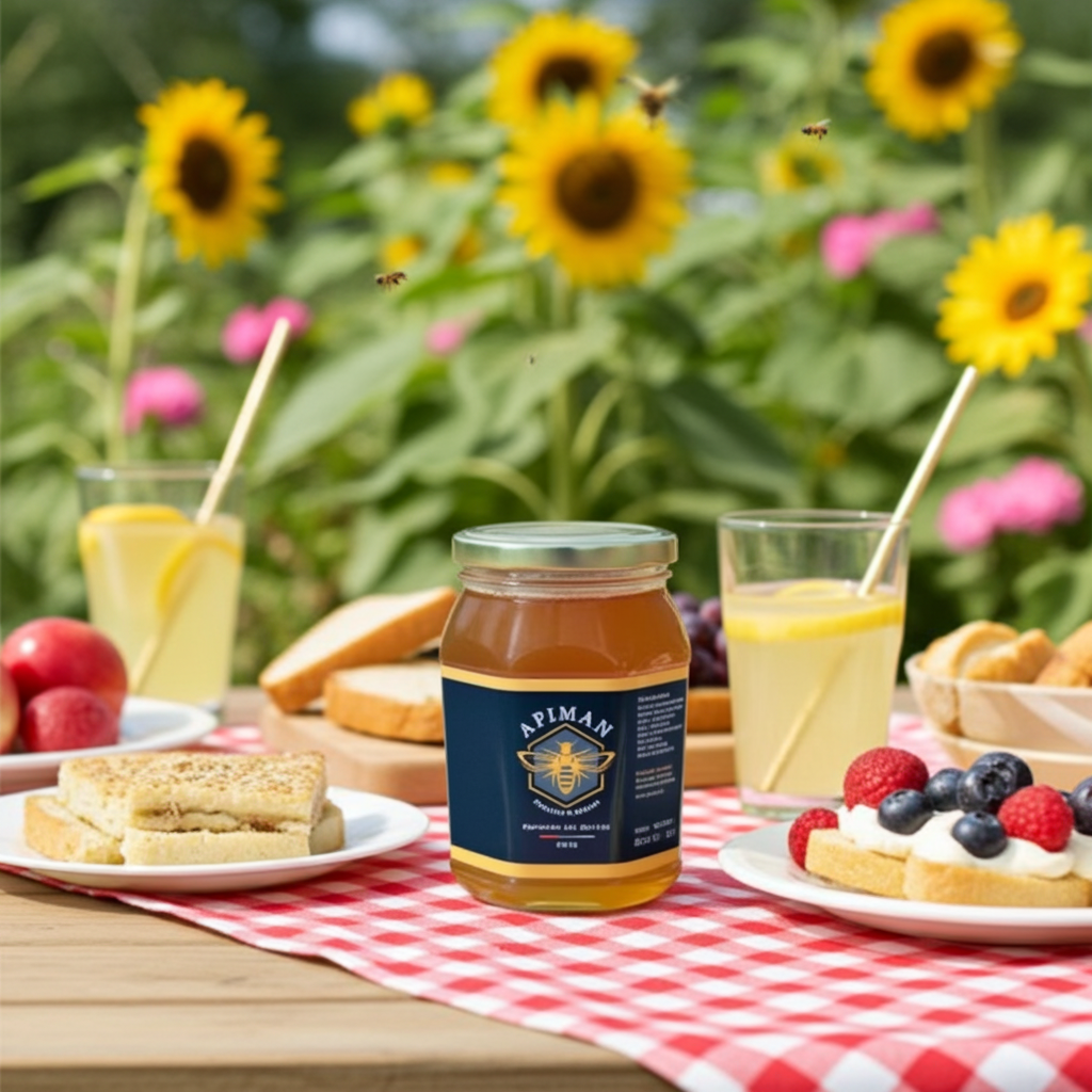 Miel cruda ApiMan en un desayuno campestre con girasoles