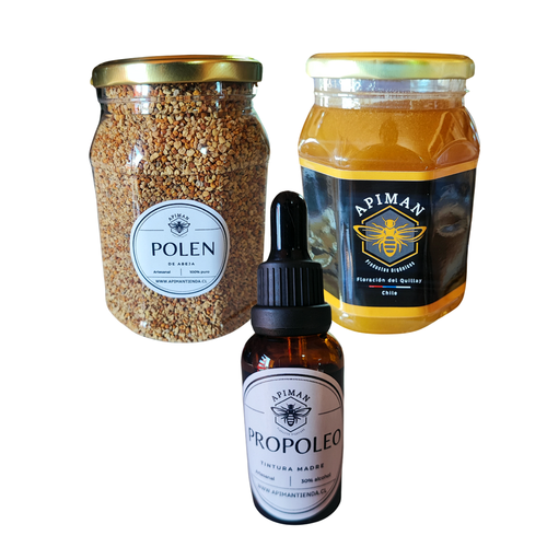 Pack completo · polen 500 g + 3 propóleo + miel 1 kg